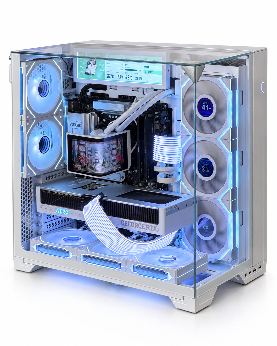Custom white desktop PC, angled view with blue lighting