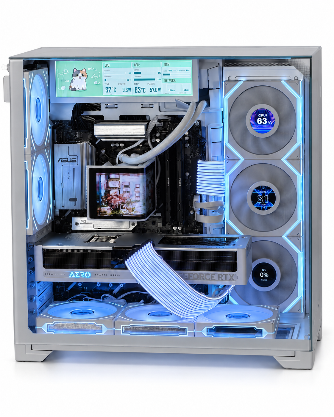 Custom white desktop PC, front view with blue lighting