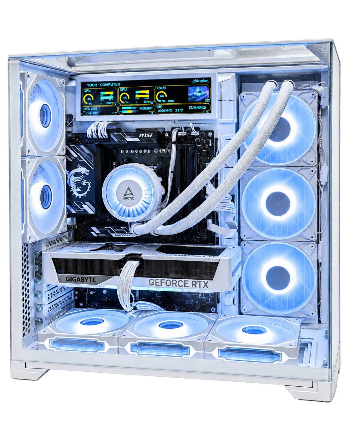 White liquid-cooled gaming desktop with blue lighting